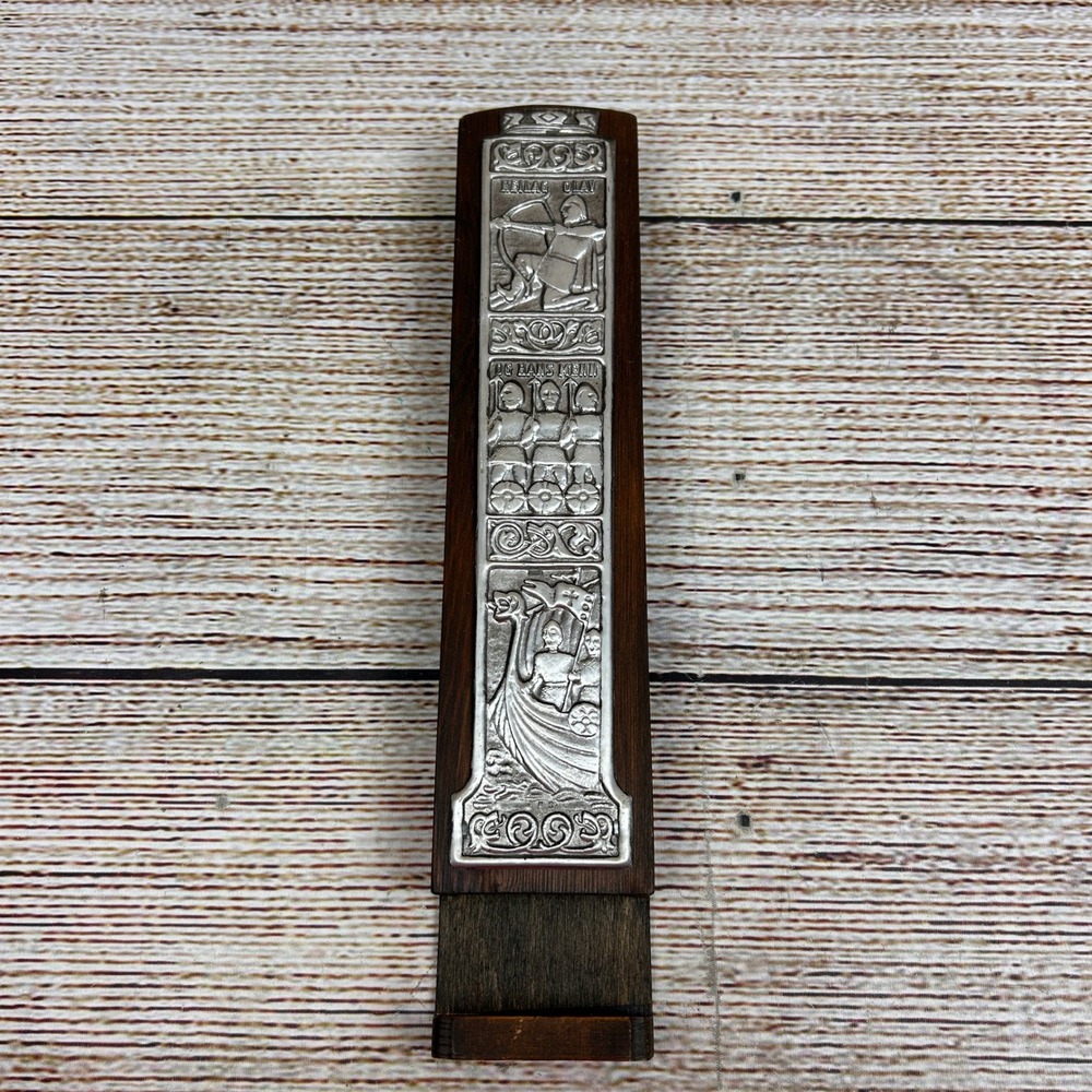 Vintage H.S. Norway Heilag Olav Wood & Pewter Viking Matchbox Holder Wall Decor